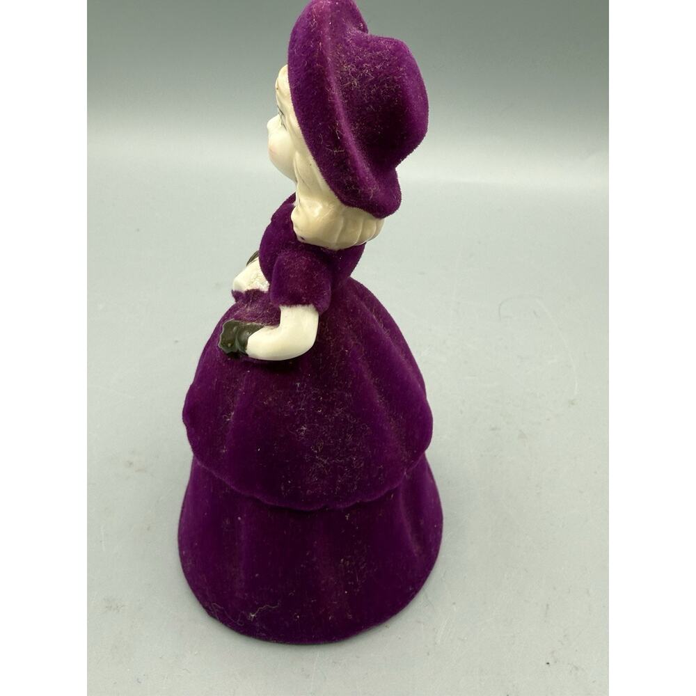 Vintage Purple Flocked Lady Bell Figurine Victorian Woman w Letter 4” - Picture 4 of 6